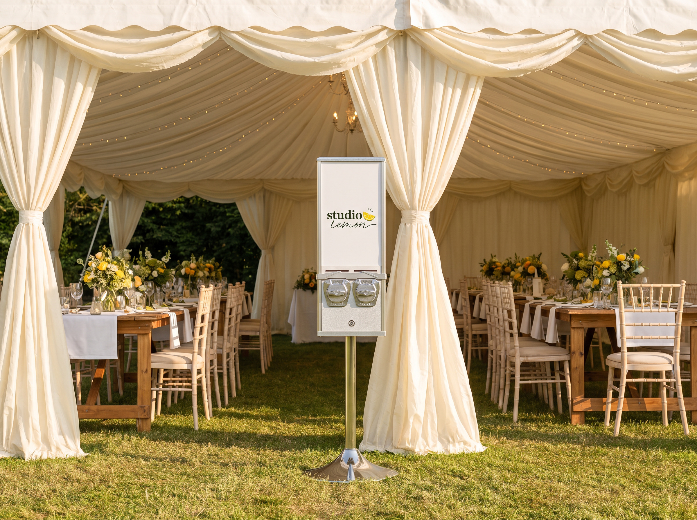 Studio Lemon machine styled inside a wedding marquee